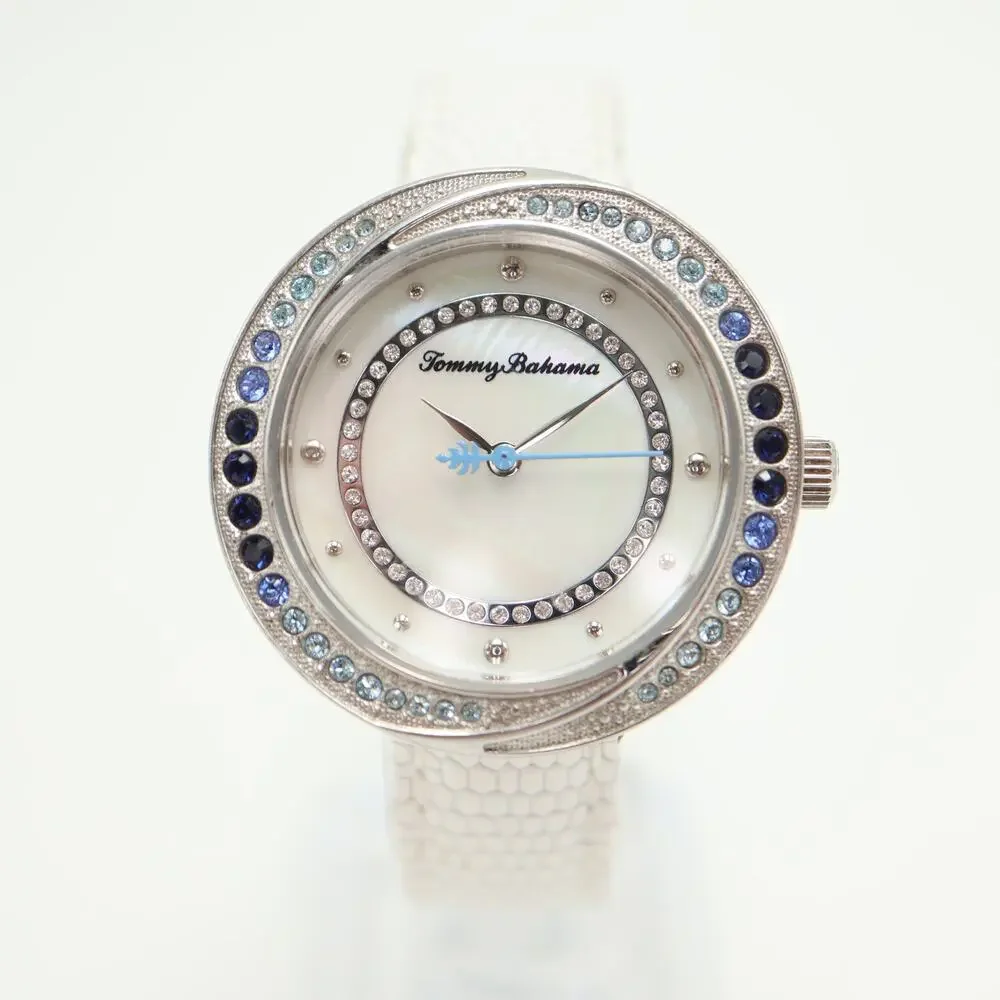 Tommy Bahama Silver Tone Blue Gem Set 35mm MOP Womens Watch Leather New Battery